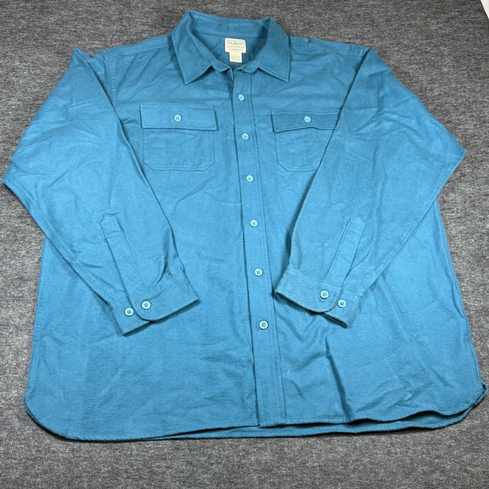 LL Bean Mens‎ Flannel Button Up Shirt XXL Teal Blue Long Sleeve Outdoor Casual